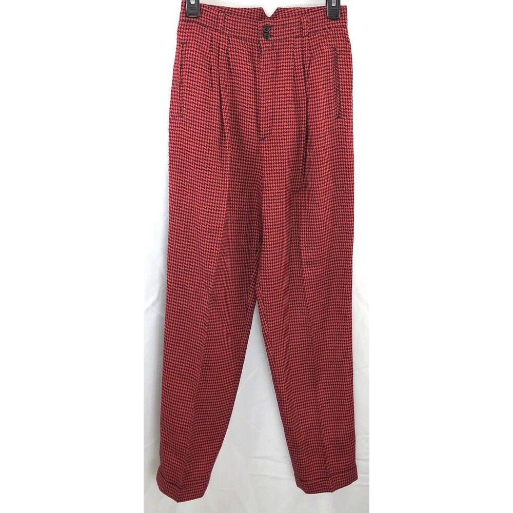 Vintage EZ spirit pants 8 red blk houndstooth plaid 26"W tapered leg cuff 80 90s